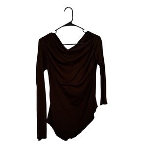 Chocolate Brown Draped Ruched Long Sleeve Top | Asymmetrical Hem | XL